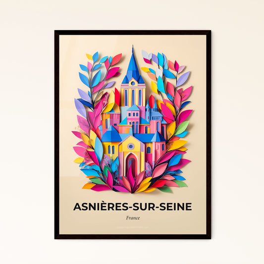 Vivid Asnières-sur-Seine, France - a colorful paper cut of a church surrounded by leaves