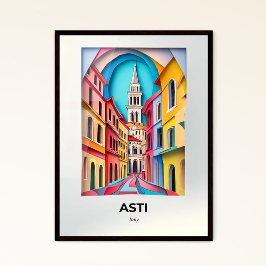 Vivid Asti, Italy - a colorful city street with a clock tower