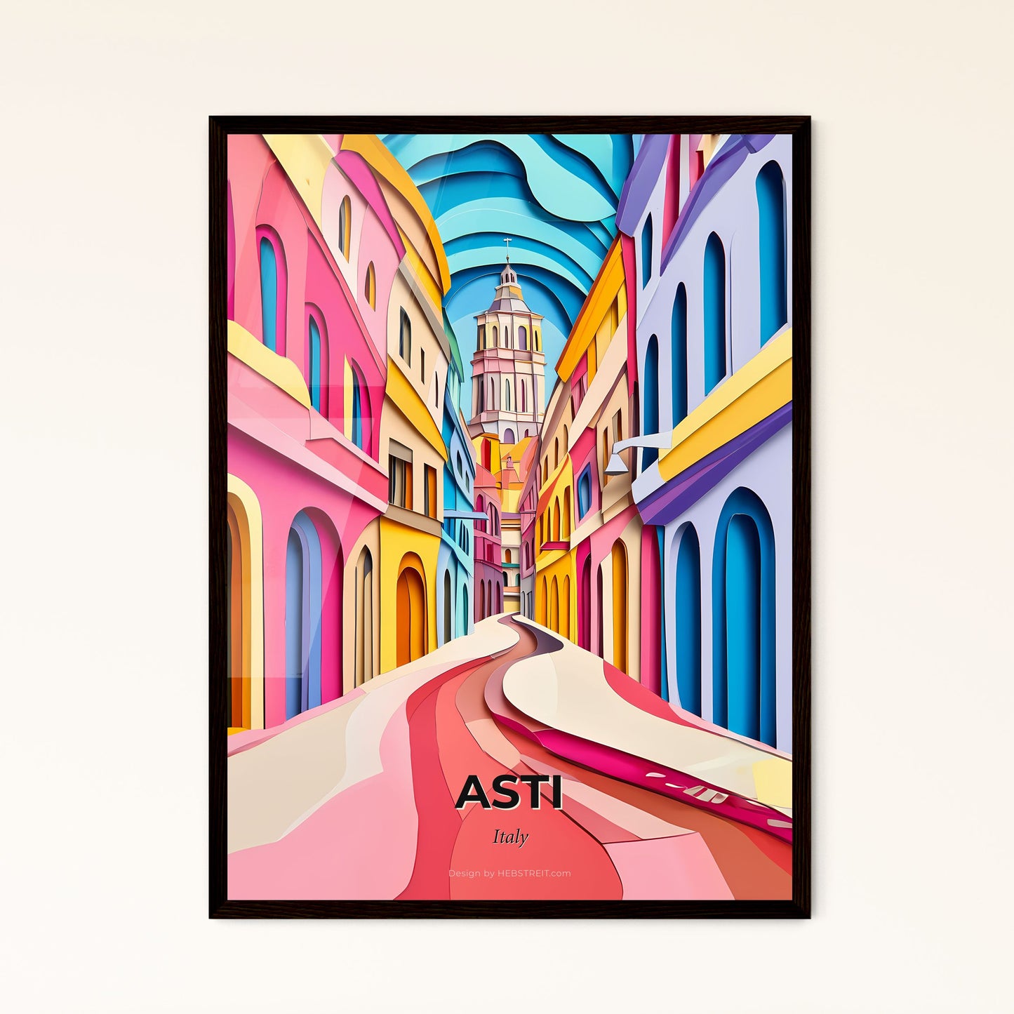 Vivid Asti, Italy - a colorful street with a clock tower in the background