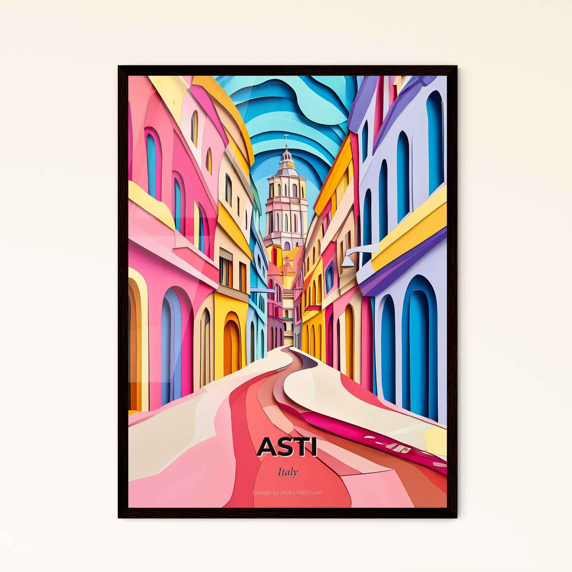 Vivid Asti, Italy - a colorful street with a clock tower in the background