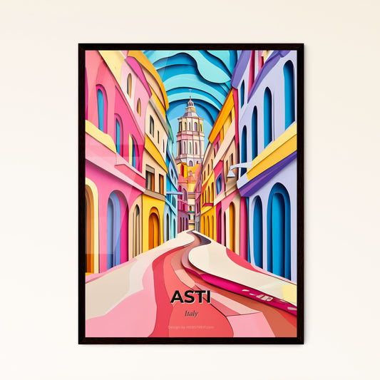 Vivid Asti, Italy - a colorful street with a clock tower in the background