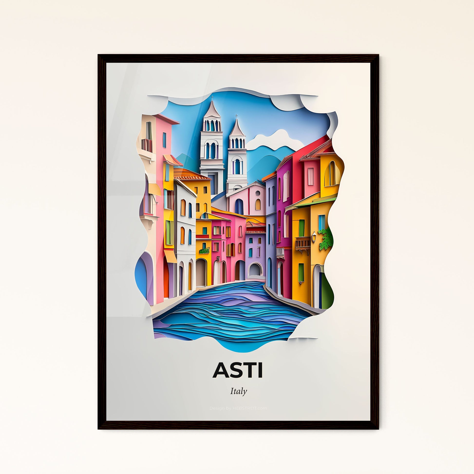 Vivid Asti, Italy - a paper cut of a city with a river