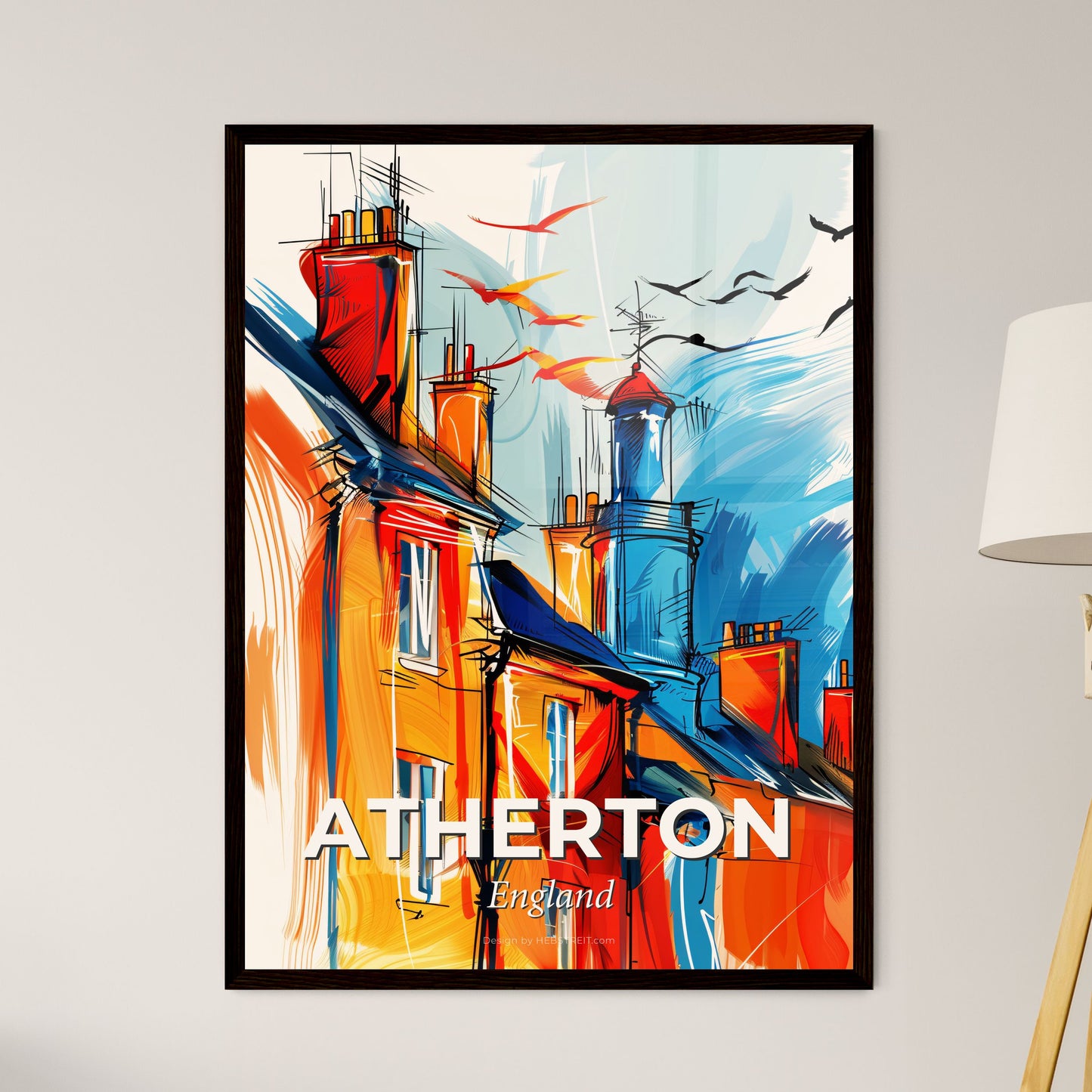 Vibrant Atherton, England - A Painting Of A Building With A Chimney And Birds Flying