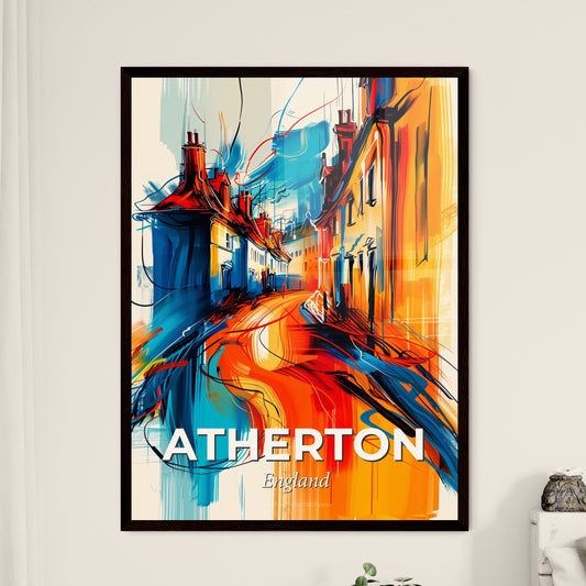 Vibrant Atherton, England - A Painting Of A Street With Buildings And A Guitar