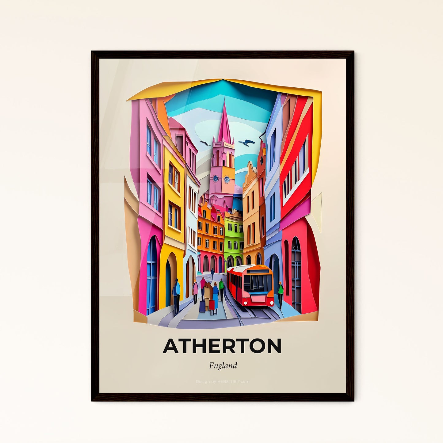 Vivid Atherton, England - a colorful city scene with a bus and people