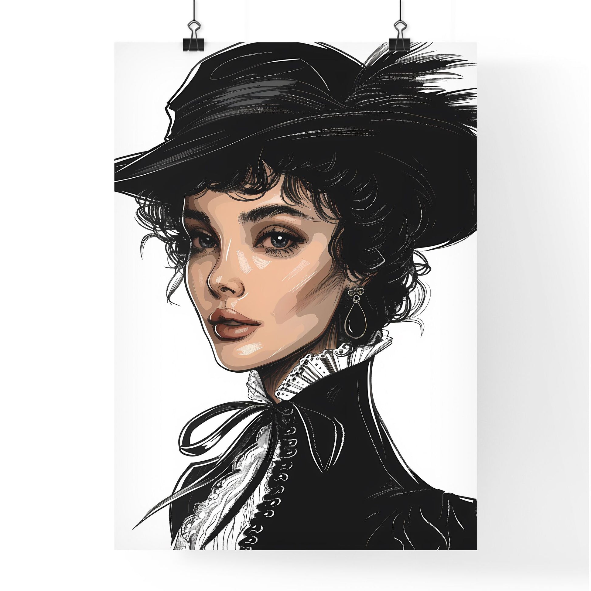 Minimalistic Black and White Drawing of British Lady Wearing Hat Circa 1800s Default Title
