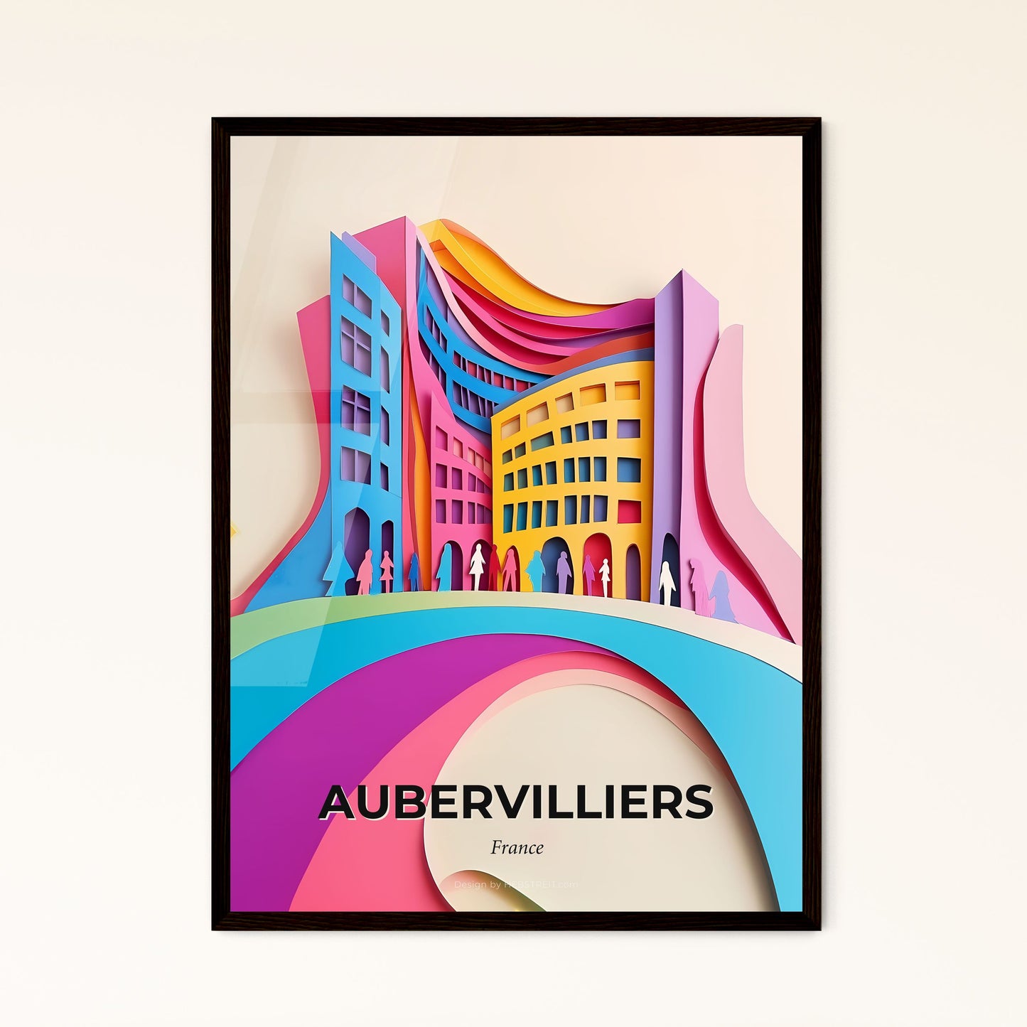 Vivid Aubervilliers, France - a colorful paper cut of a city with people walking