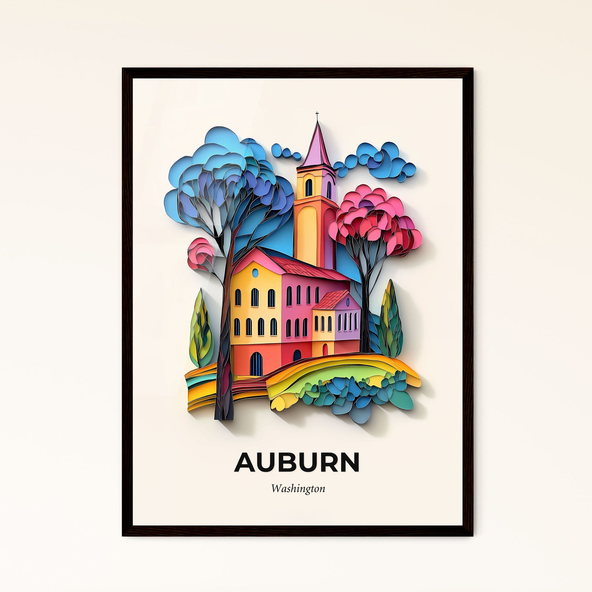 Vivid Auburn, Washington - a colorful paper cut of a church and trees