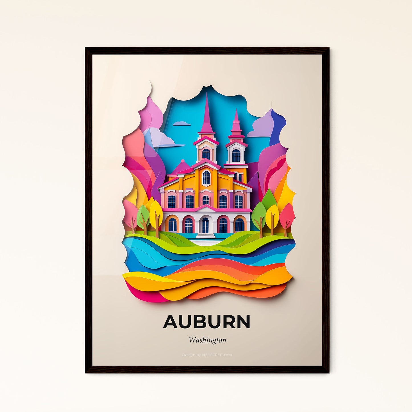 Vivid Auburn, Washington - a paper cut of a church with a rainbow colored landscape