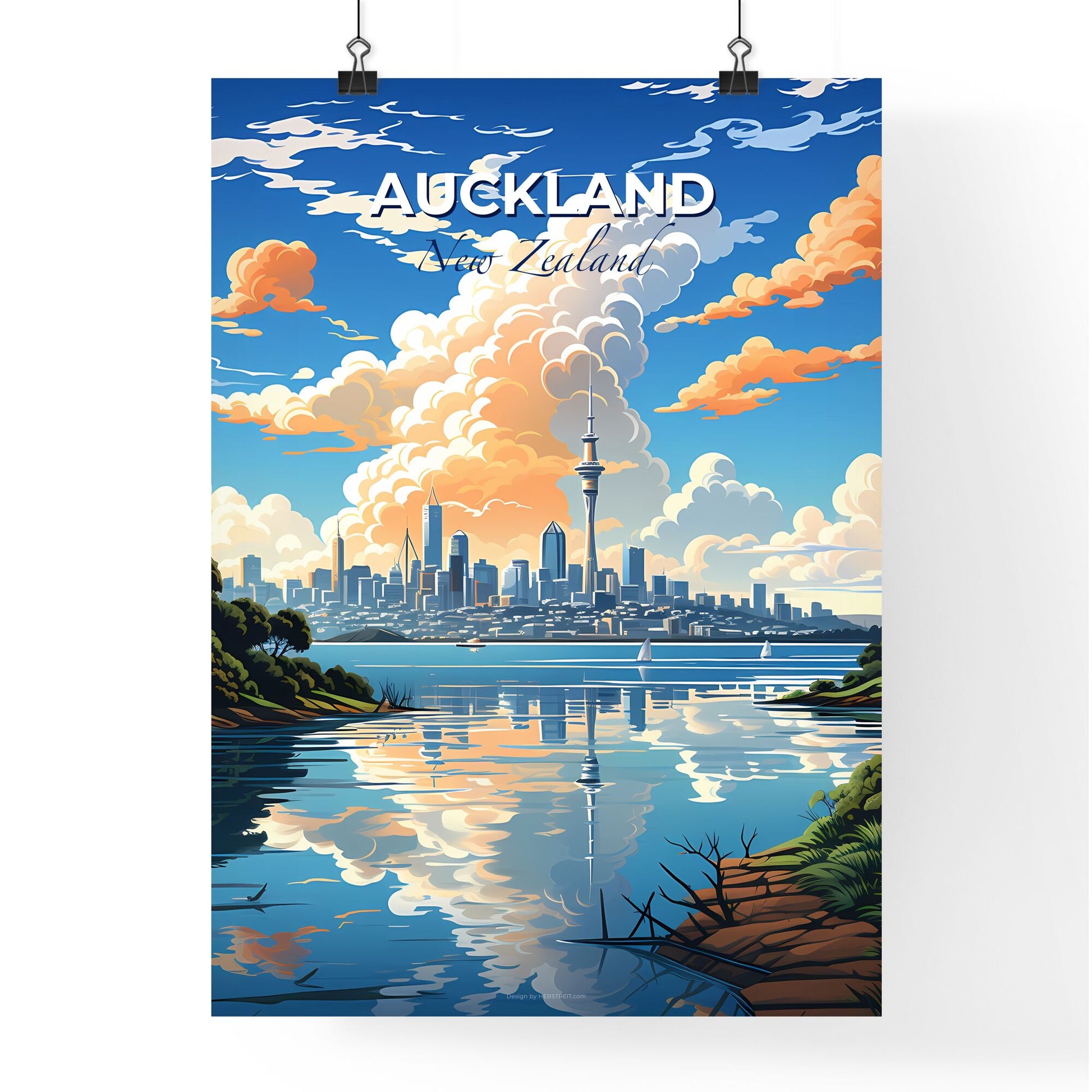 Vibrant Canvas Depiction of Auckland Skyline with Dramatic Cloudscape Default Title