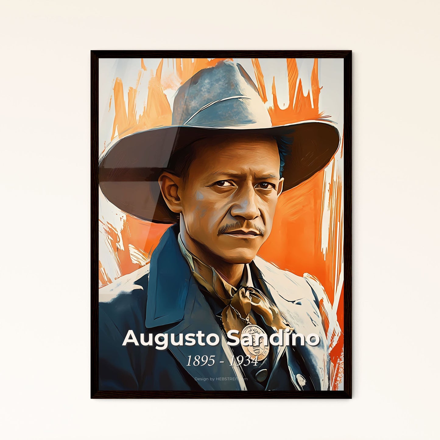 Portrait of Augusto Sandino, 1895 - 1934. Impressionistic painting of a man in a cowboy hat.