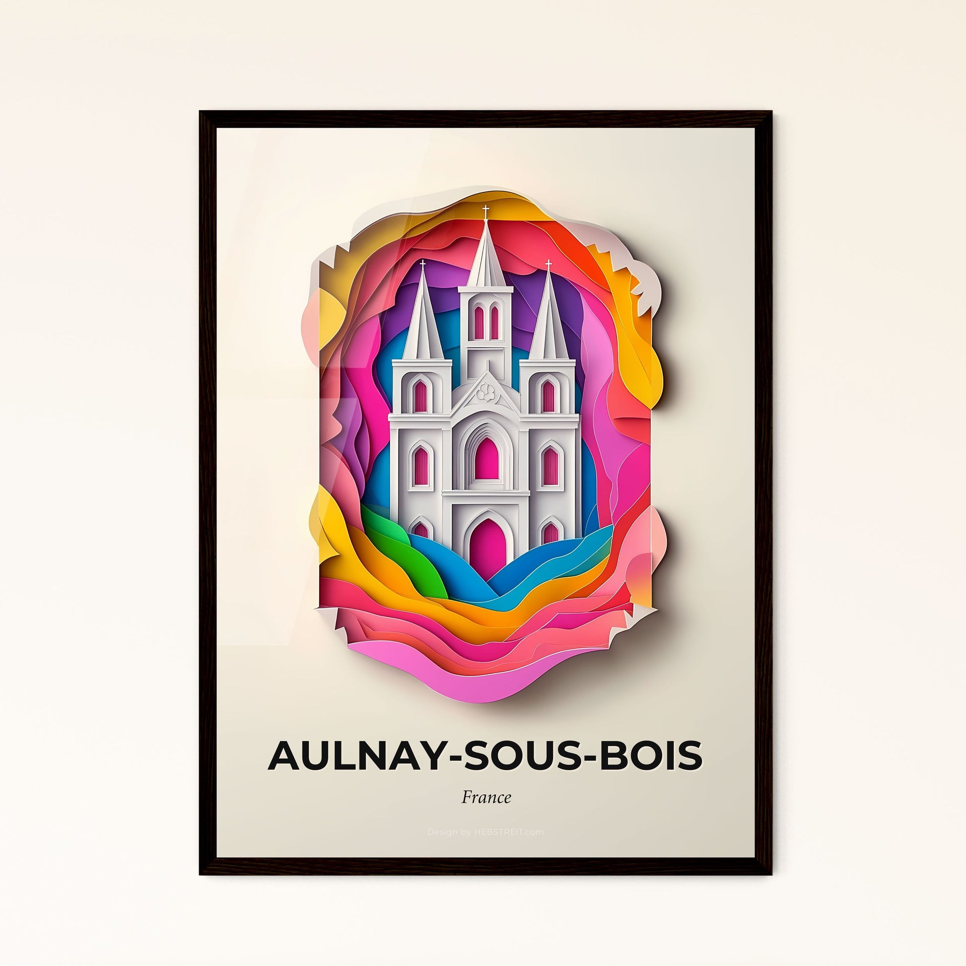 Vivid Aulnay-sous-Bois, France - a paper cut of a church with a rainbow background