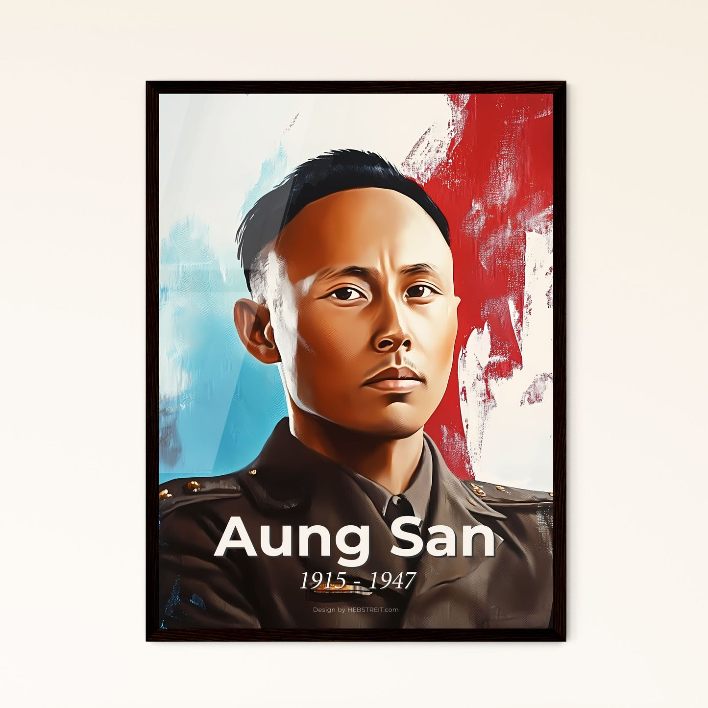 Portrait of Aung San, 1915 - 1947. Impressionistic painting of a man in a uniform.