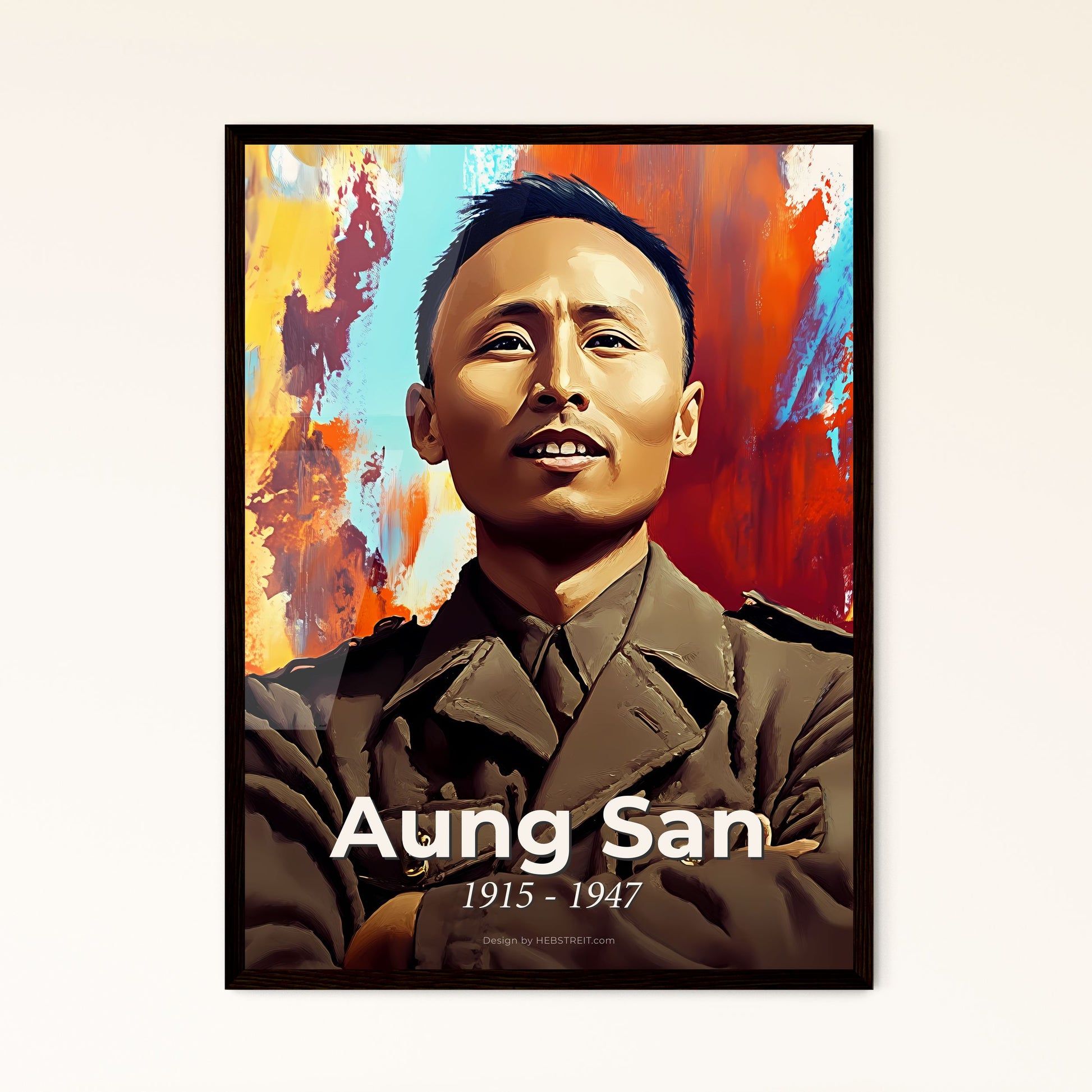 Portrait of Aung San, 1915 - 1947. Impressionistic painting of a man in a military uniform.