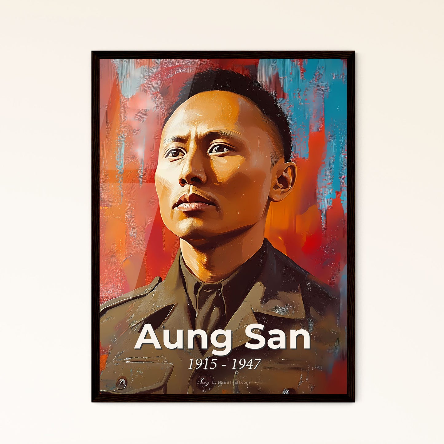 Portrait of Aung San, 1915 - 1947. Impressionistic painting of a man in a military uniform.