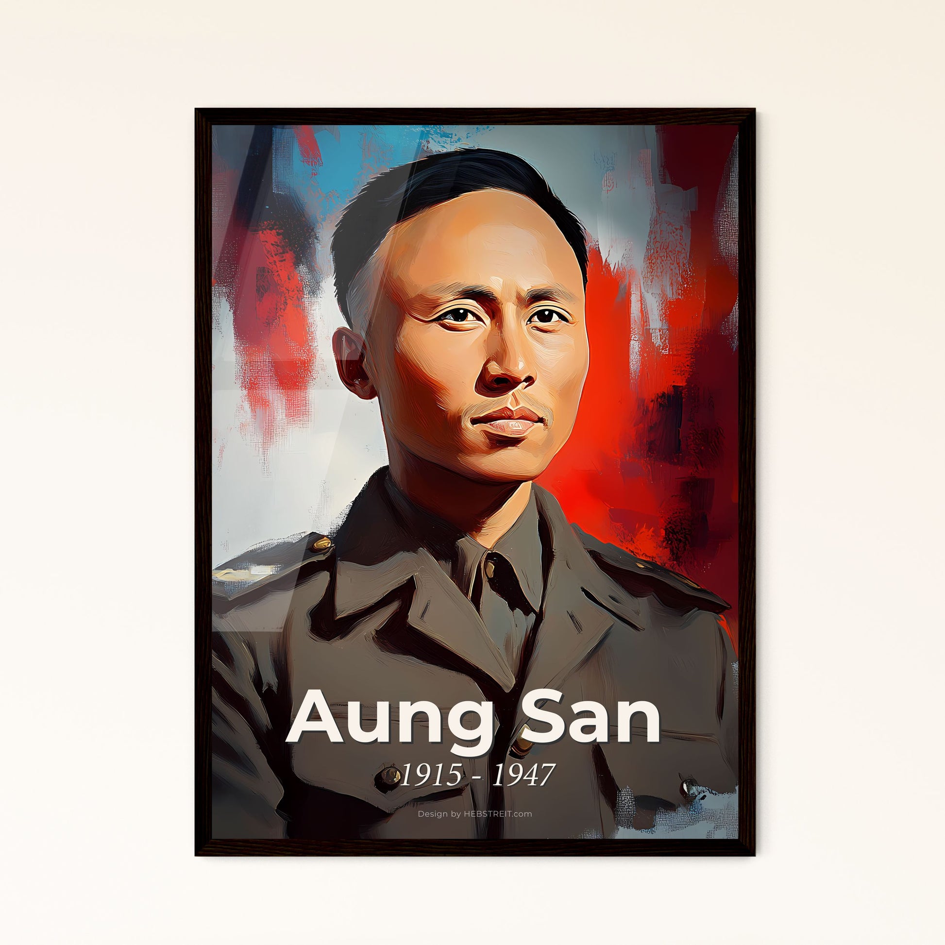 Portrait of Aung San, 1915 - 1947. Impressionistic painting of a man in a uniform.