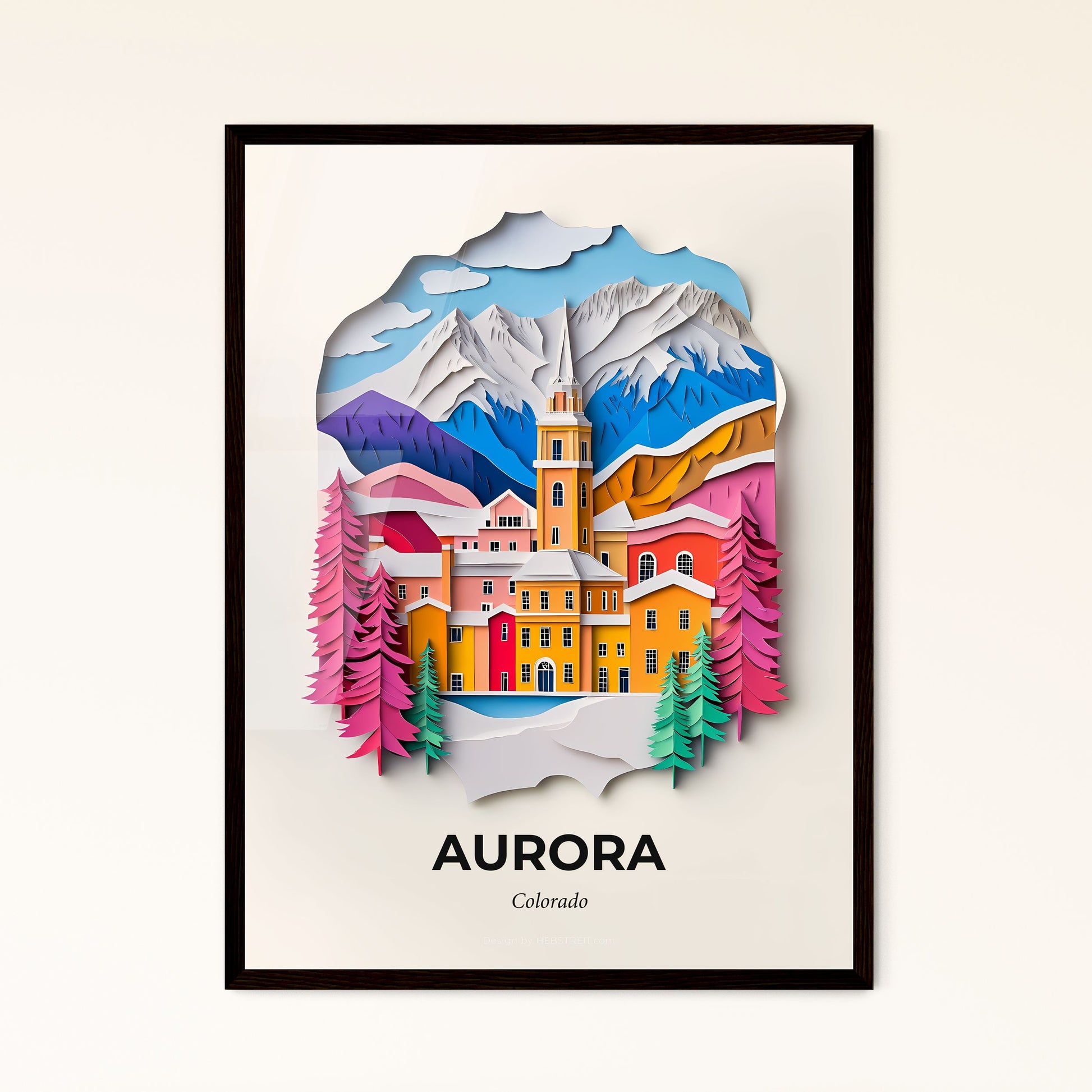 Vivid Aurora, Colorado - a paper cut of a church in the mountains