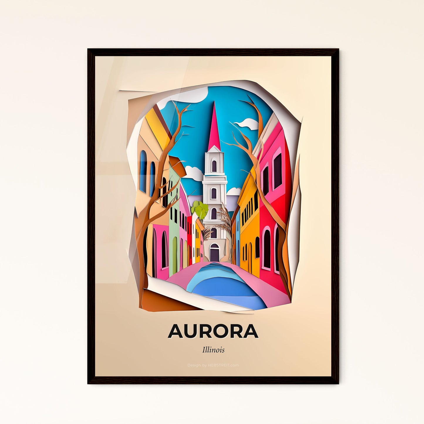 Vivid Aurora, Illinois - a paper cut of a city with a church