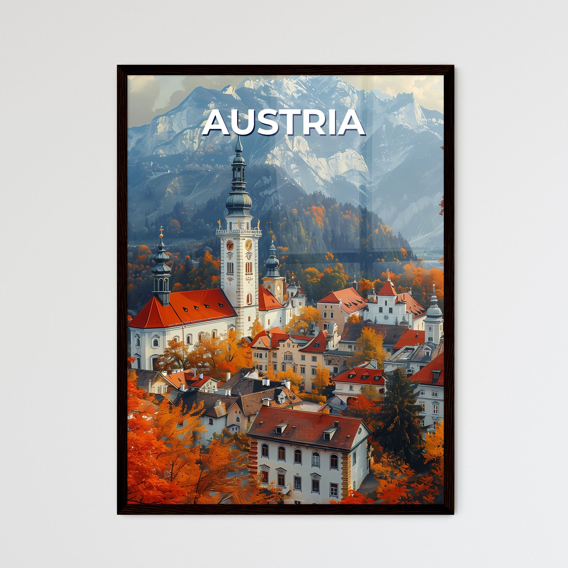 Vibrant City Painting: Austrian Town with Clock Tower and Orange Trees