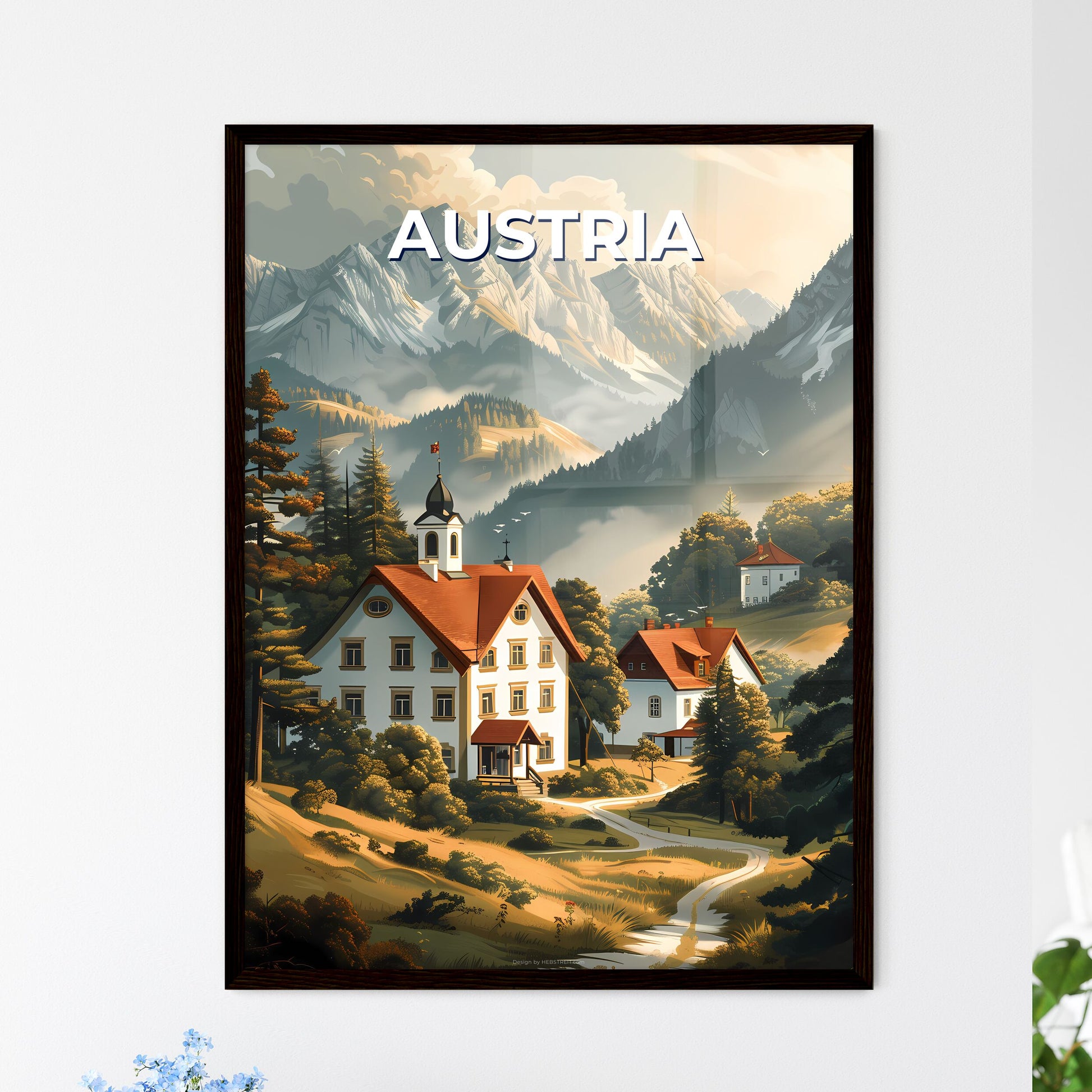 vibrant painting of a village with trees and mountains in Austria, Europe