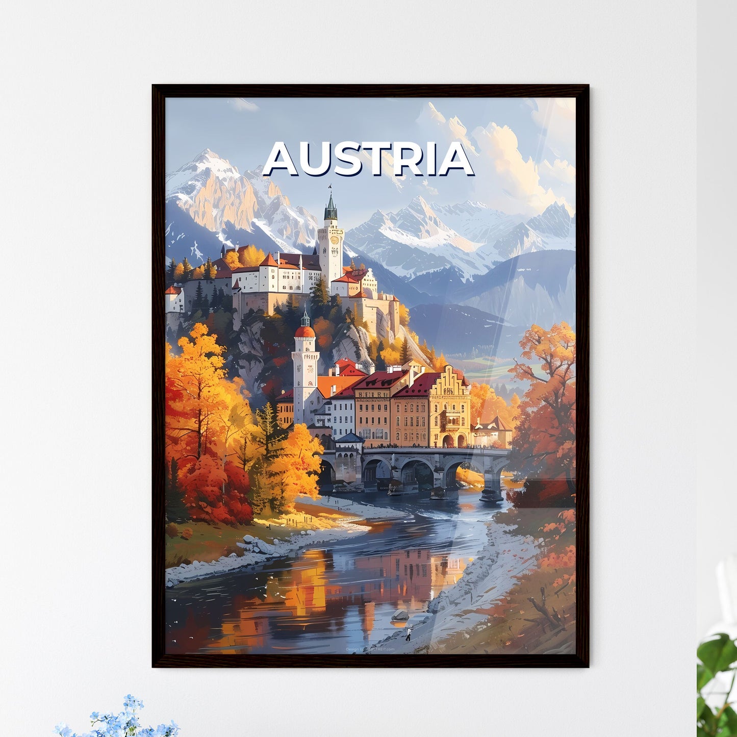 Vibrant Art Painting: Majestic Castle on a Hill with a Bridge over a River, Austria, Europe