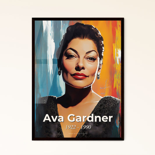 Portrait of Ava Gardner, 1922 - 1990. Impressionistic painting of a woman in a black dress.