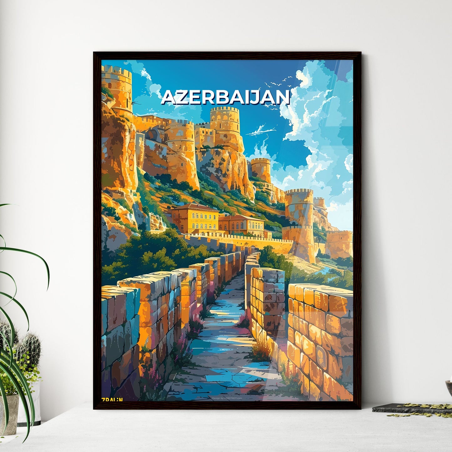 Artistic Stone Castle Wall Painting, Vibrant Azerbaijan European Architecture