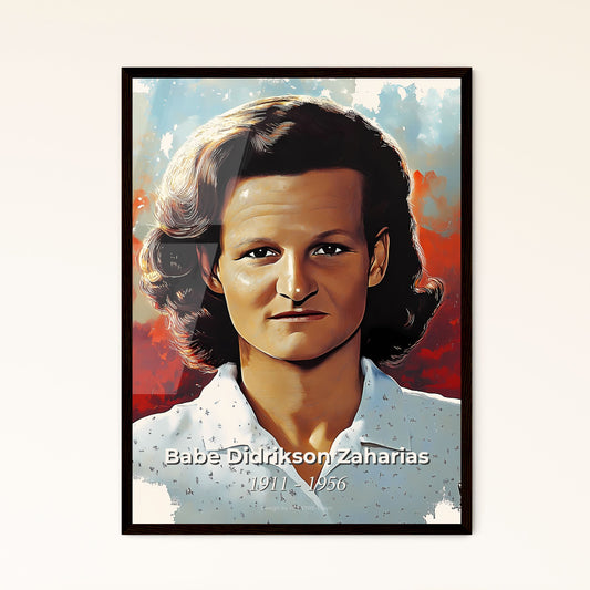 Portrait of Babe Didrikson Zaharias, 1911 - 1956. Impressionistic painting of a woman with brown hair wearing a white shirt.