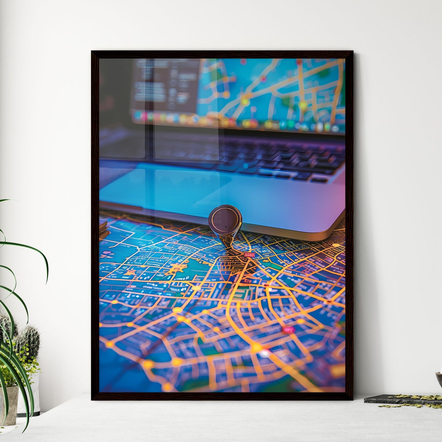 City Map and Laptop Digital Painting - Framed Art Print