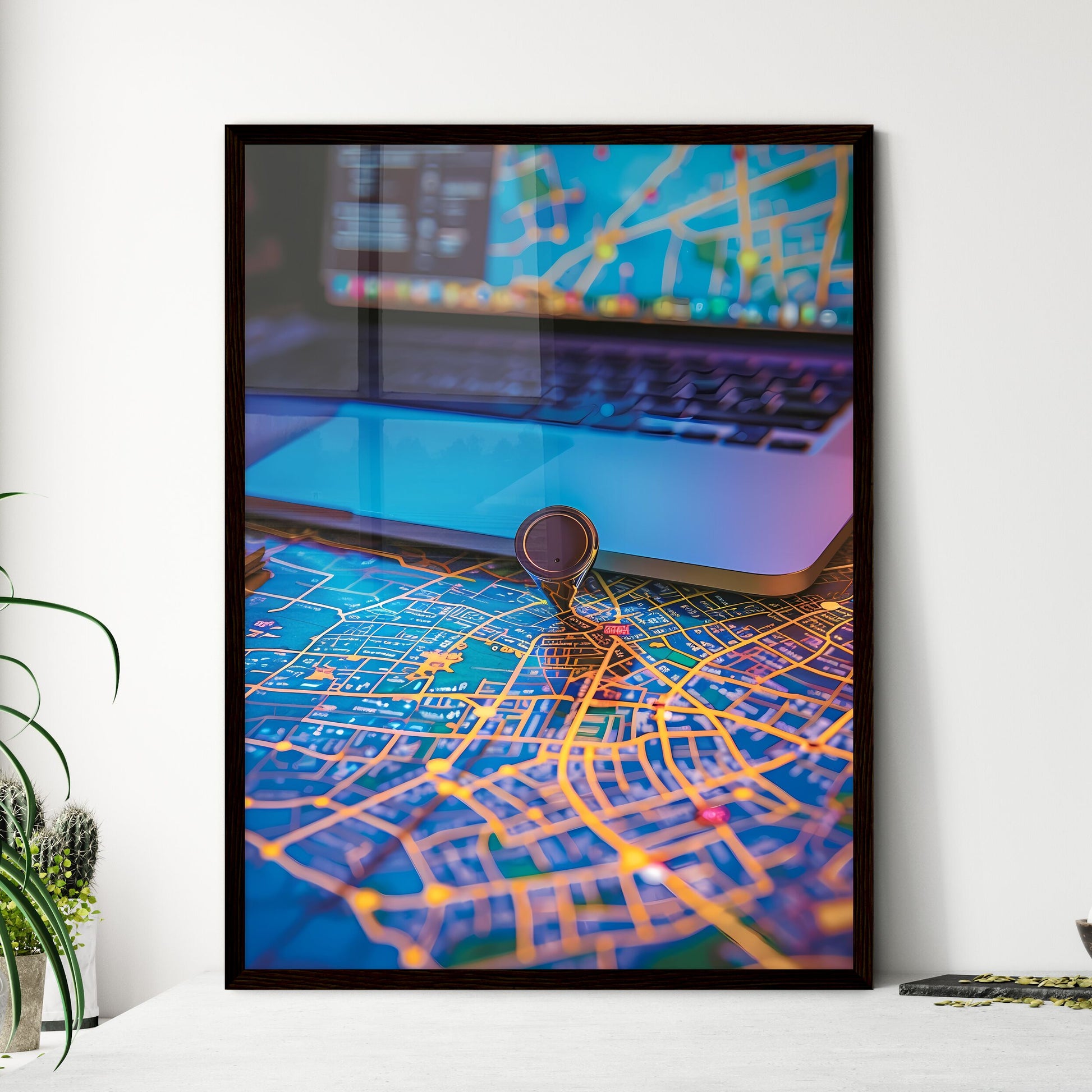 City Map and Laptop Digital Painting - Framed Art Print