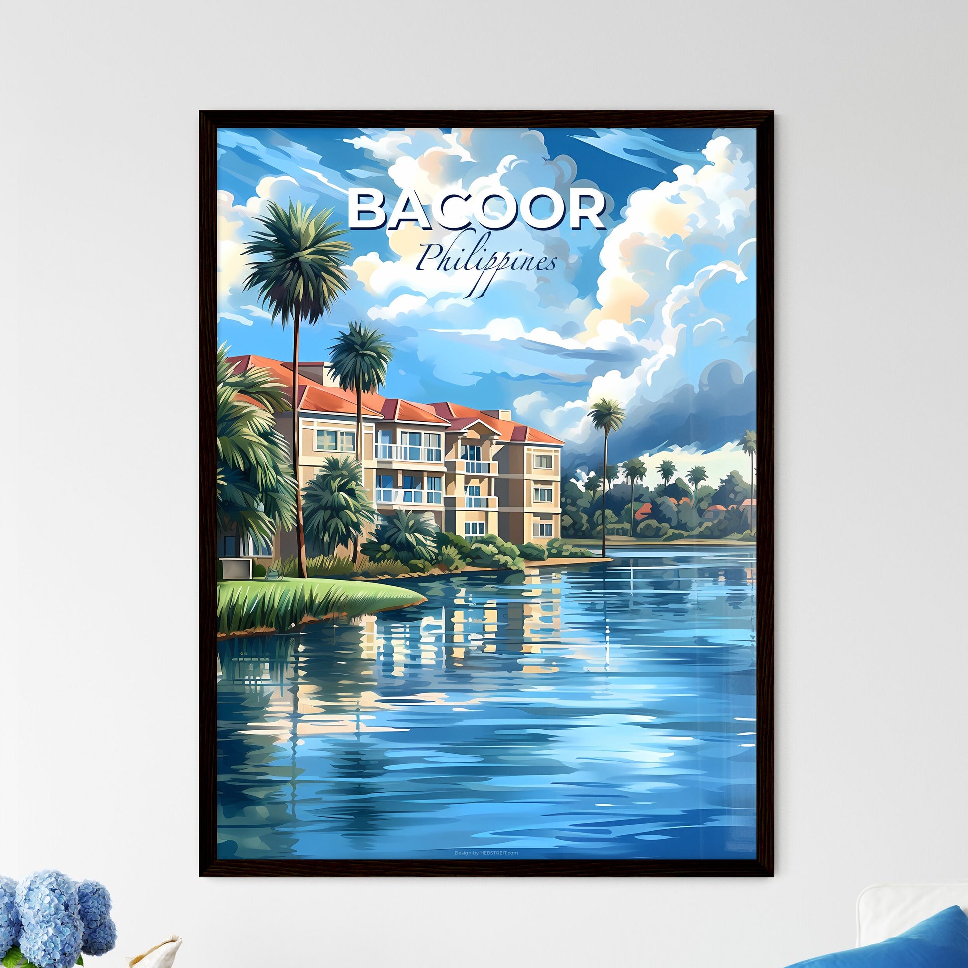 Vibrant Painting of Bacoor Philippine Skyline Featuring a Building Alongside Water Default Title