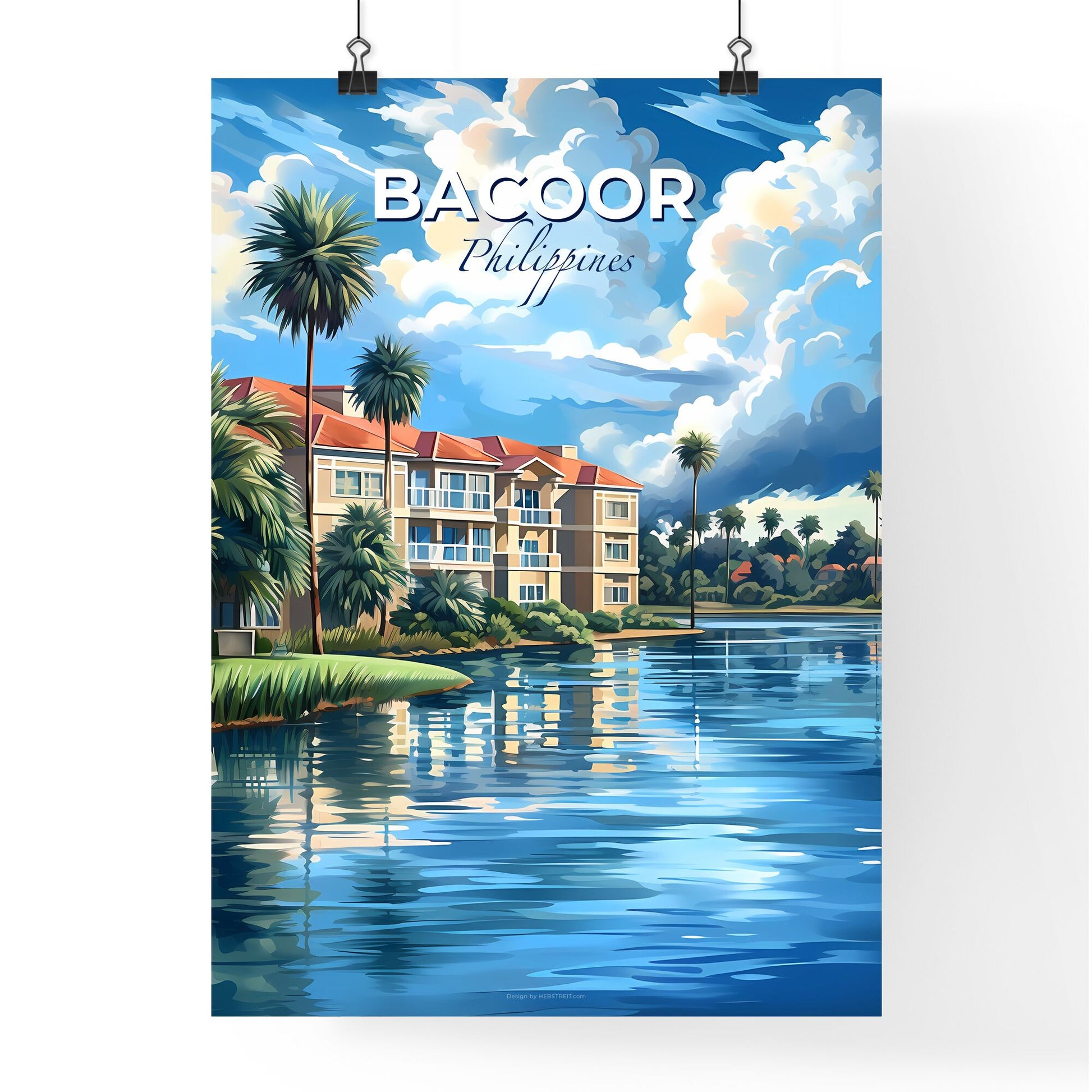 Vibrant Painting of Bacoor Philippine Skyline Featuring a Building Alongside Water Default Title