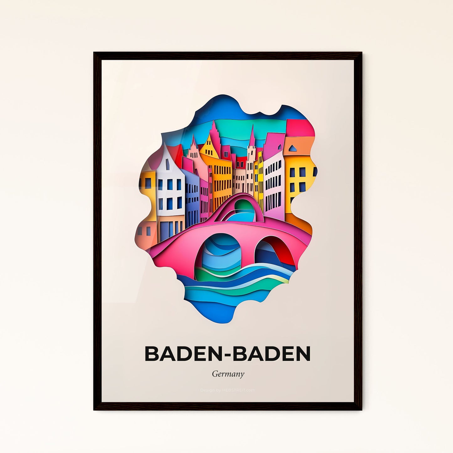 Vivid Baden-Baden, Germany - a paper cut of a city with a bridge