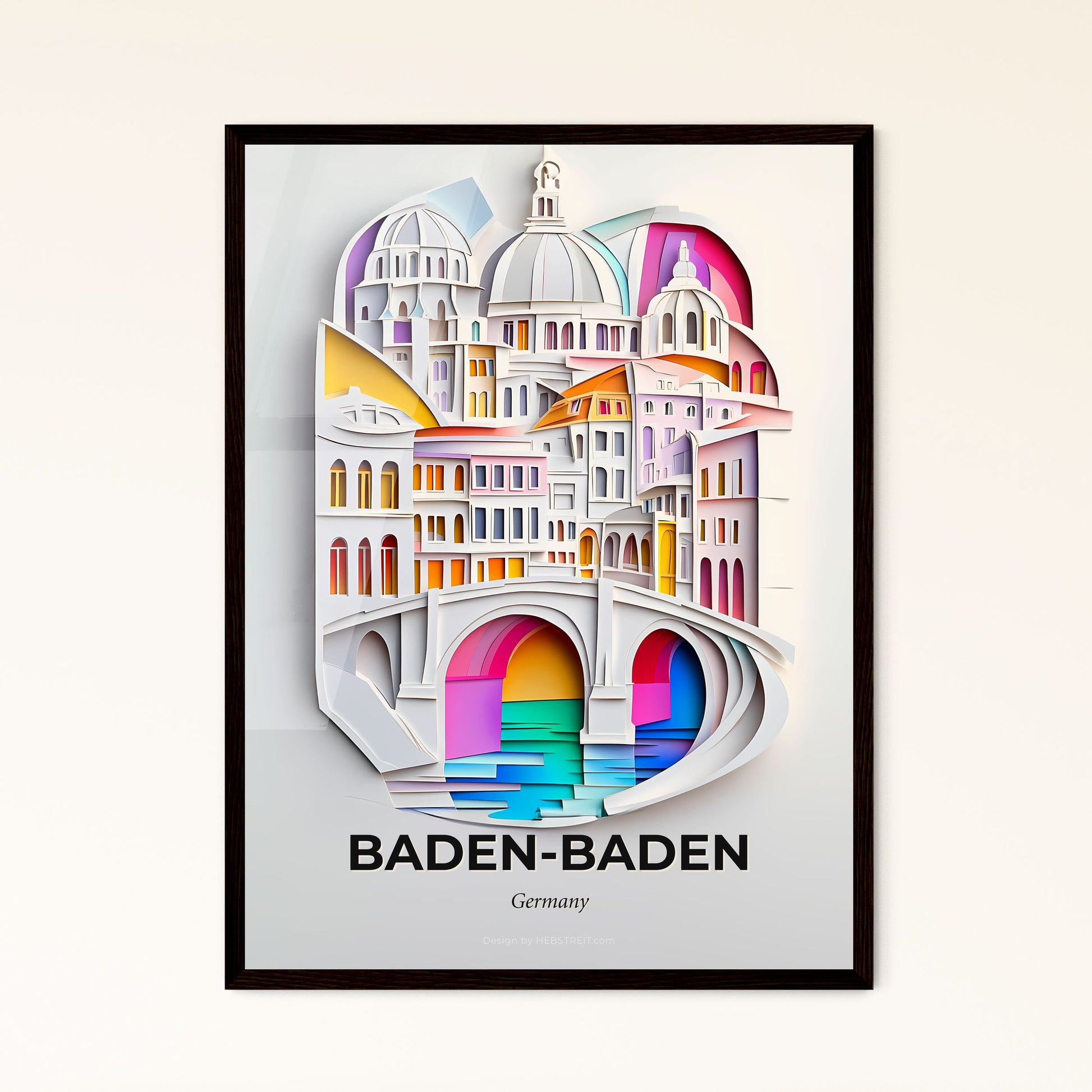 Vivid Baden-Baden, Germany - a paper cut of a city with a bridge