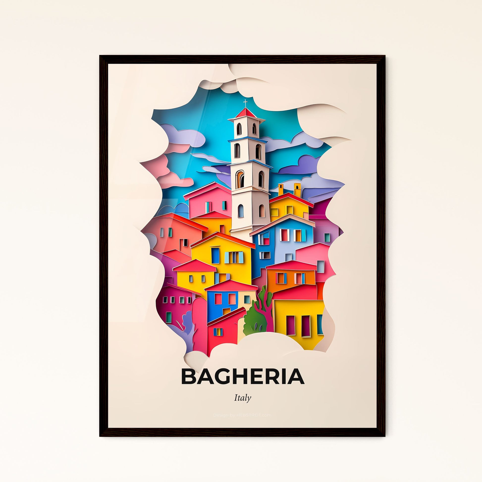 Vivid Bagheria, Italy - a paper cut of a colorful city with a clock tower