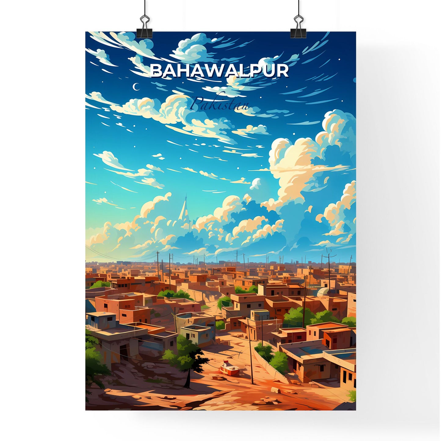 Vibrant Artistic Painting of Bahawalpur City Skyline Featuring Buildings and Trees Default Title