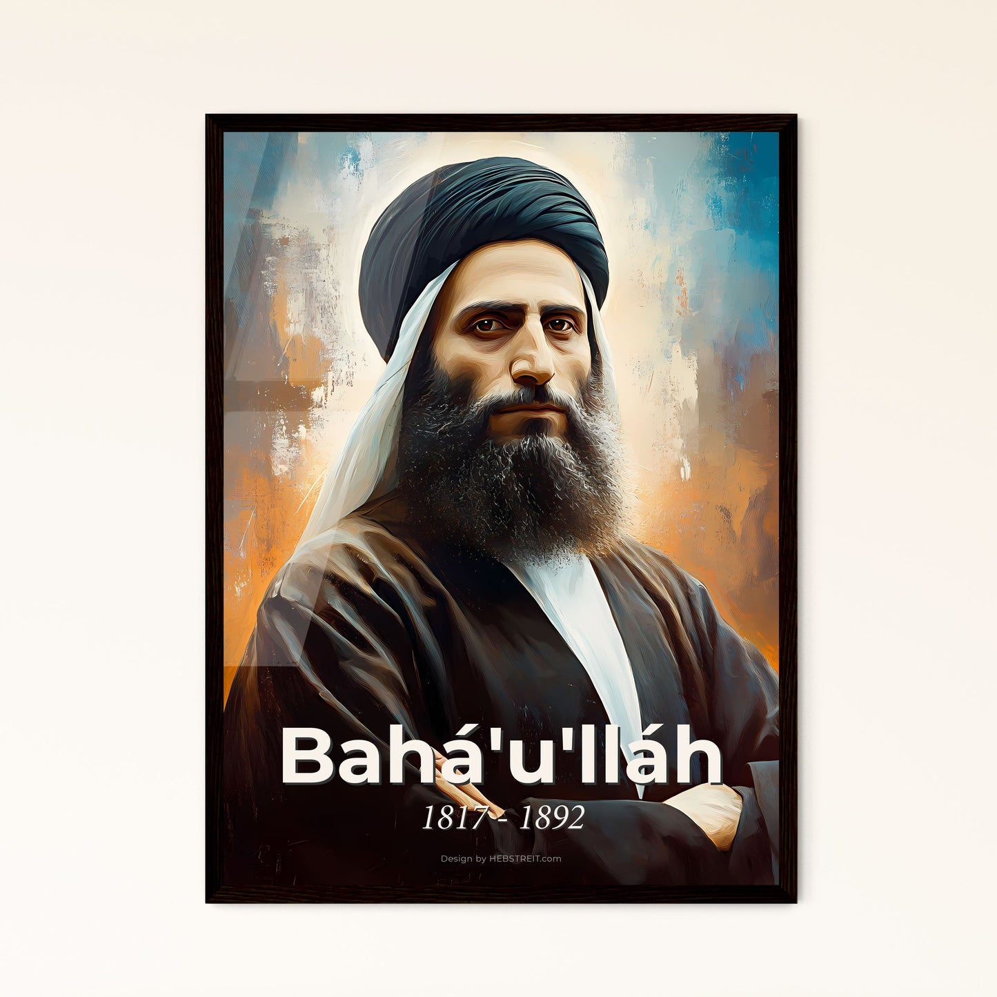 Portrait of Bahá'u'lláh, 1817 - 1892. Impressionistic painting of a man with a beard and turban.