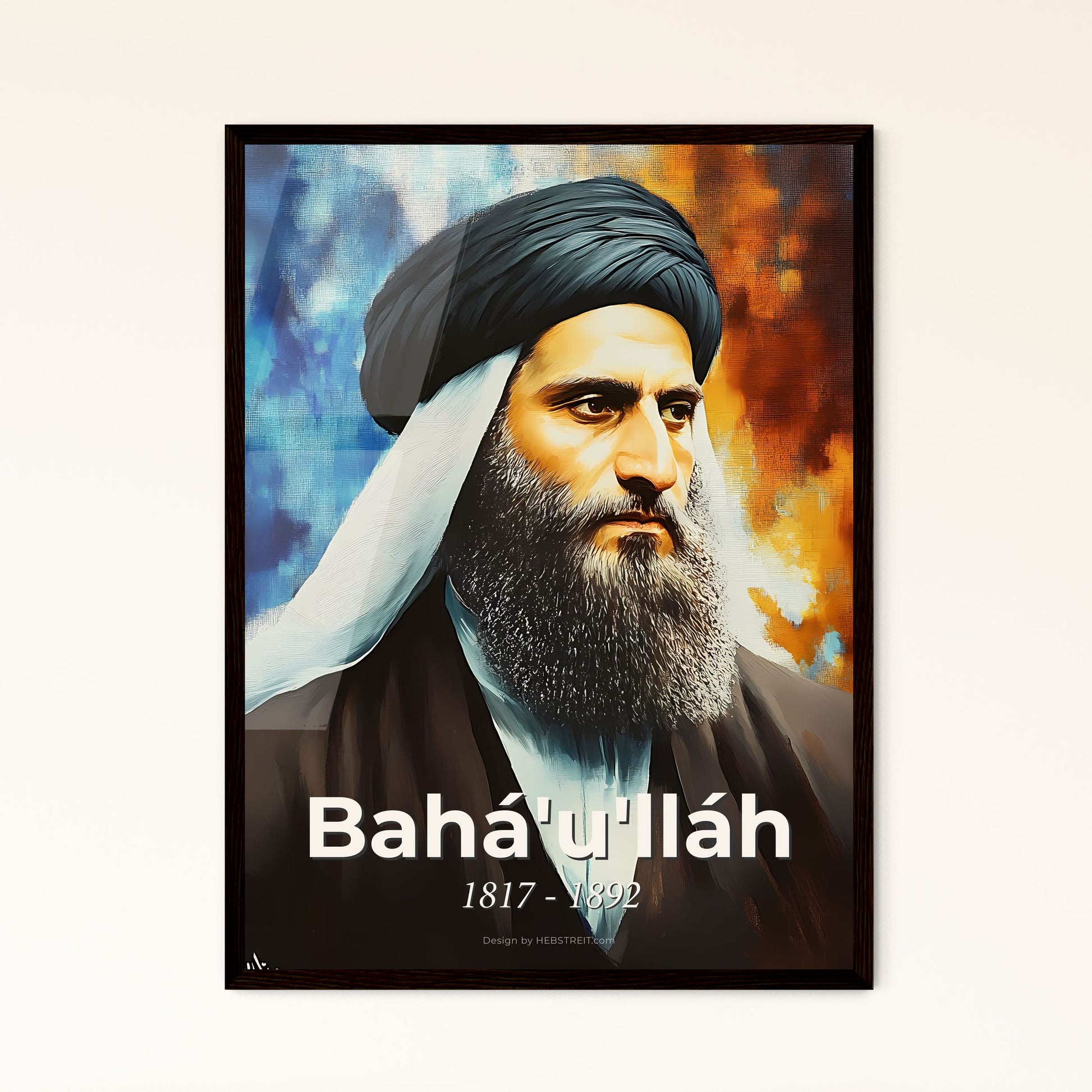 Portrait of Bahá'u'lláh, 1817 - 1892. Impressionistic painting of a painting of a man with a beard.