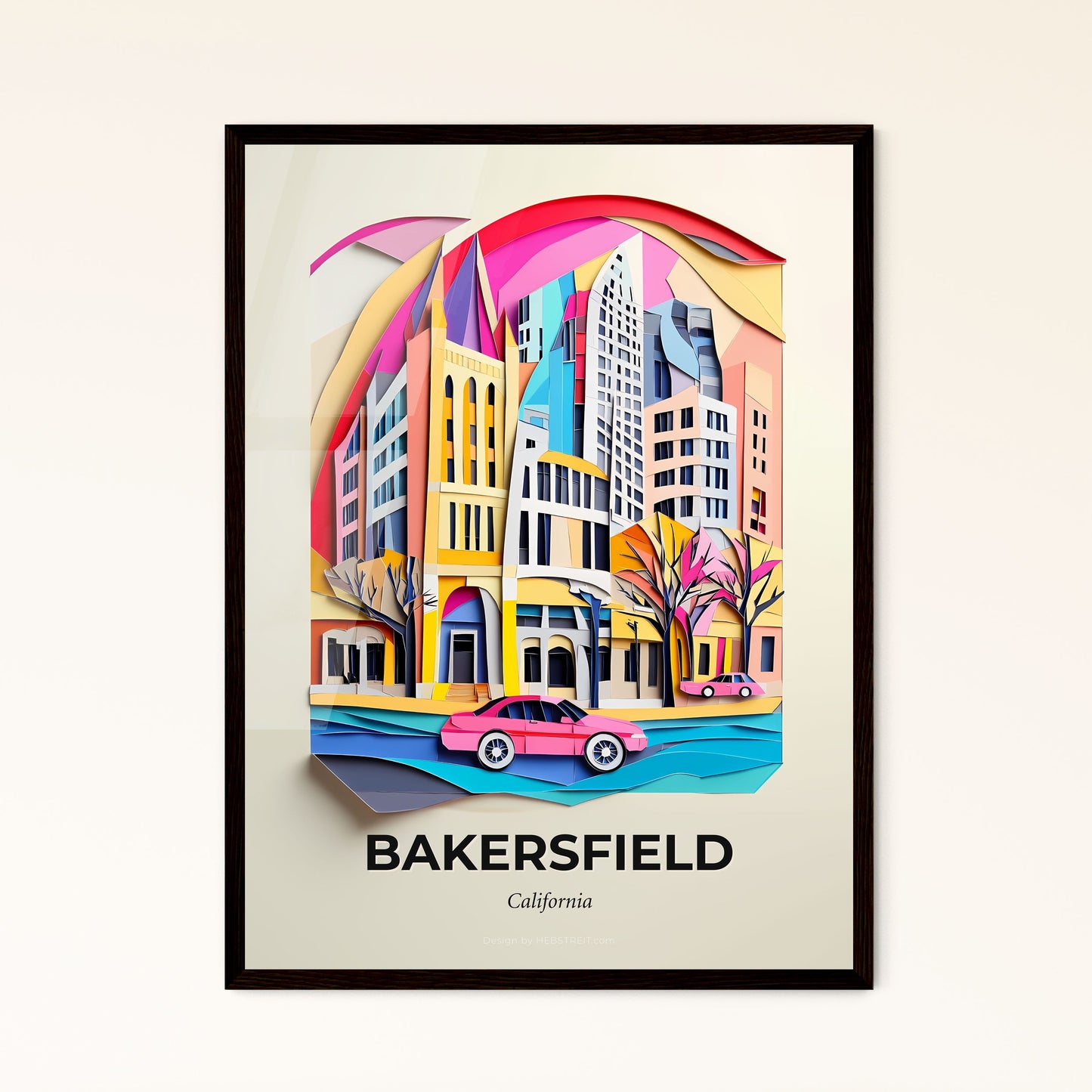 Vivid Bakersfield, California - a paper cut of a city with a car