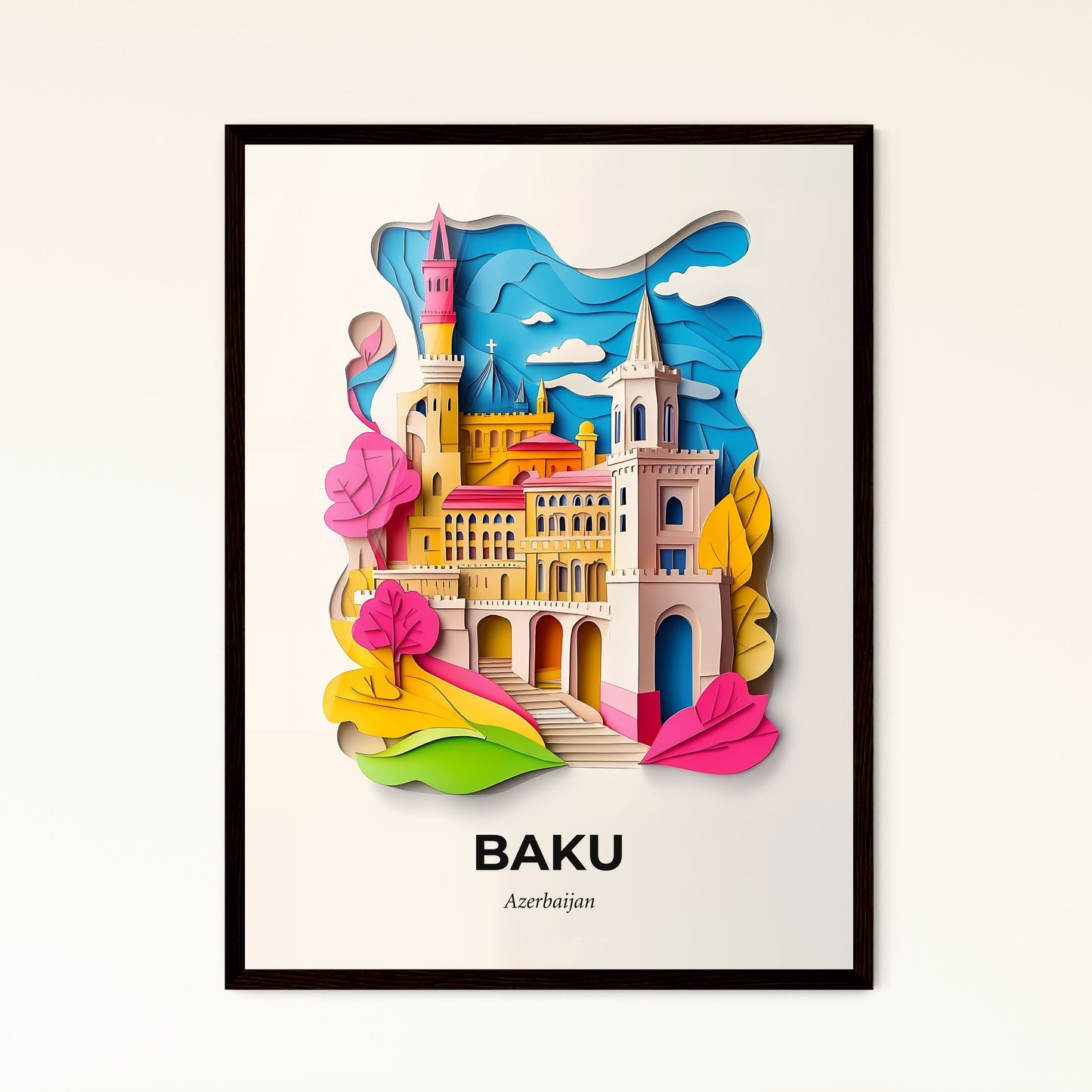 Vivid Baku, Azerbaijan - a paper cut of a castle with a clock tower