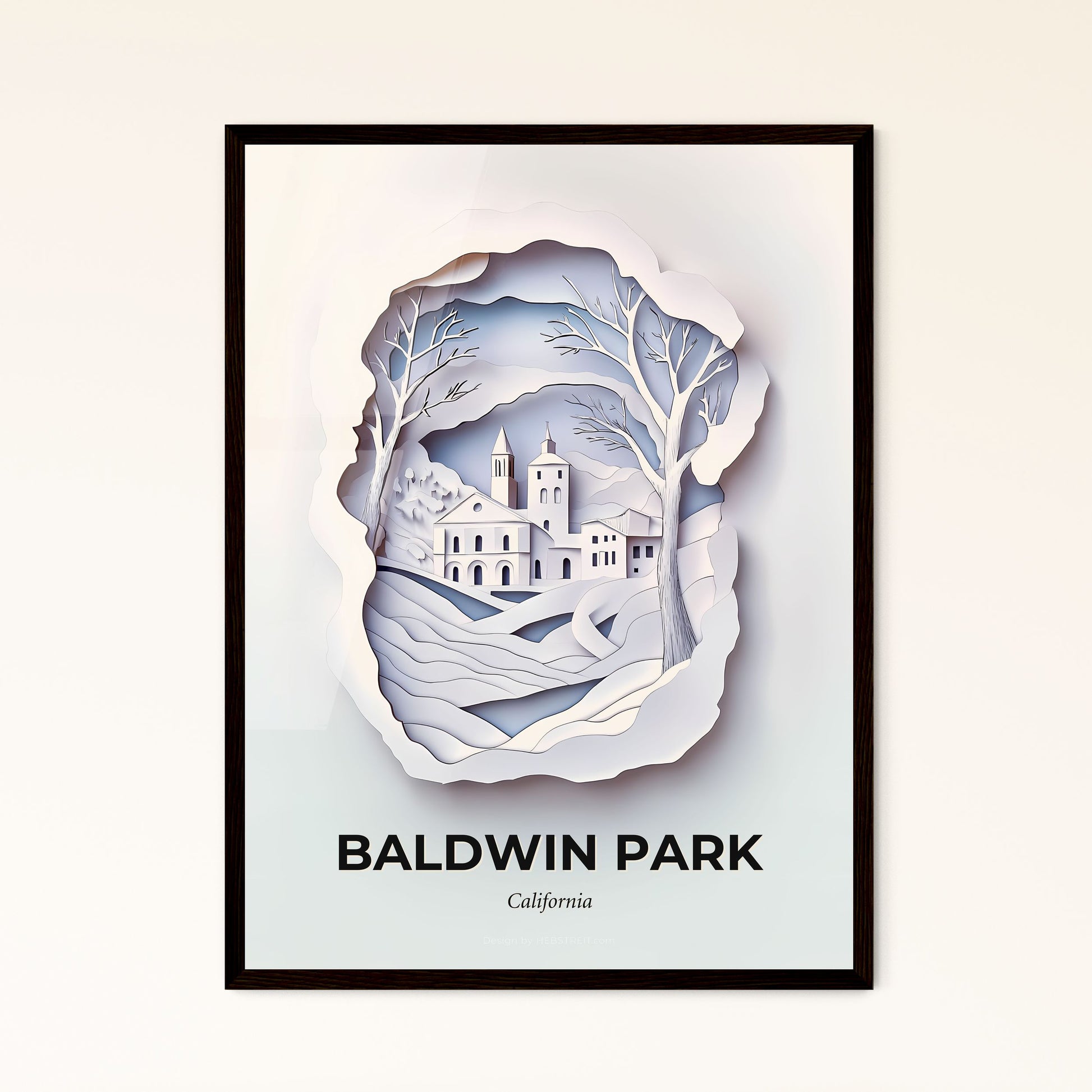 Vivid Baldwin Park, California - a paper cut of a snowy village with a church