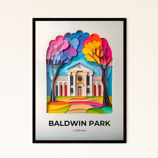 Vivid Baldwin Park, California - a paper cut of a church with trees