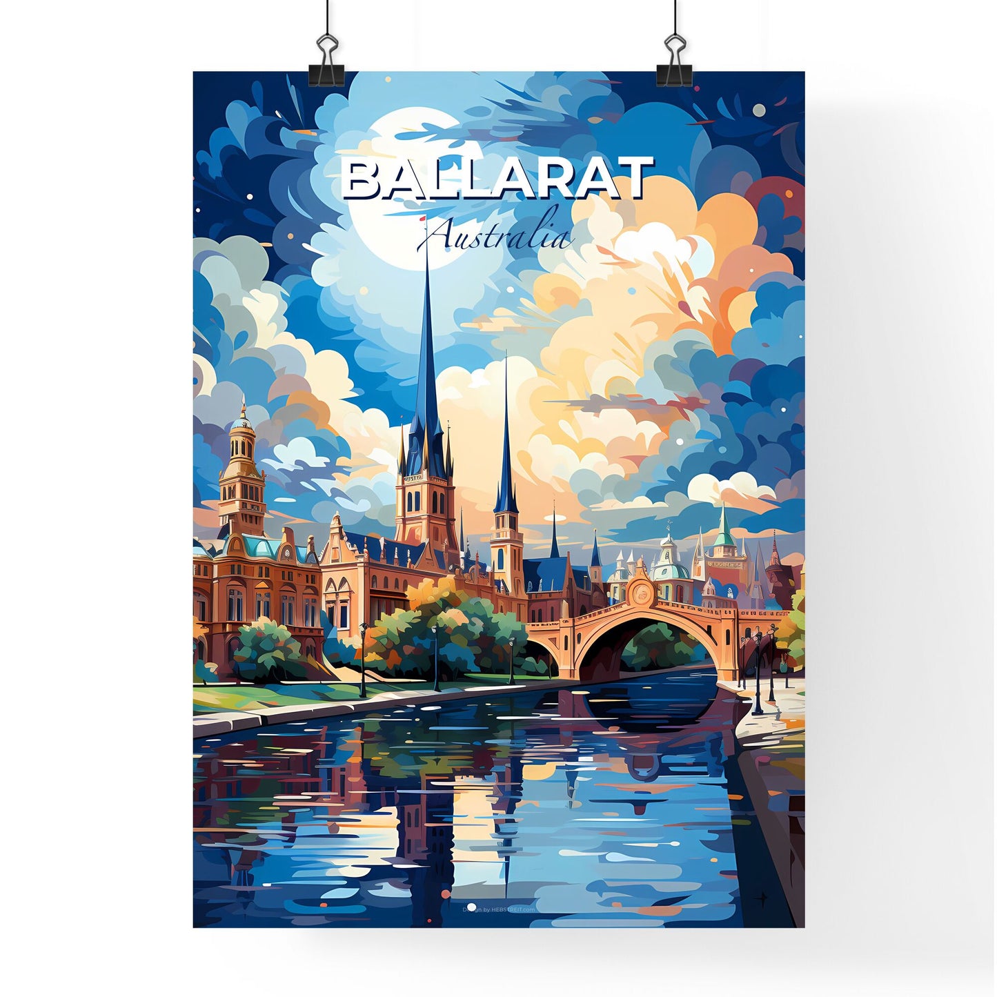 Ballarat Australia Cityscape Skyline Painting Art Castle Bridge River Vibrant Colors Default Title