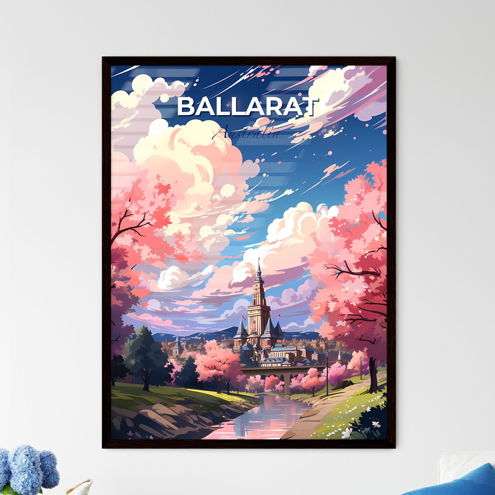 Vibrant Painting of Ballarat Skyline Featuring Castle, Trees, and River Default Title