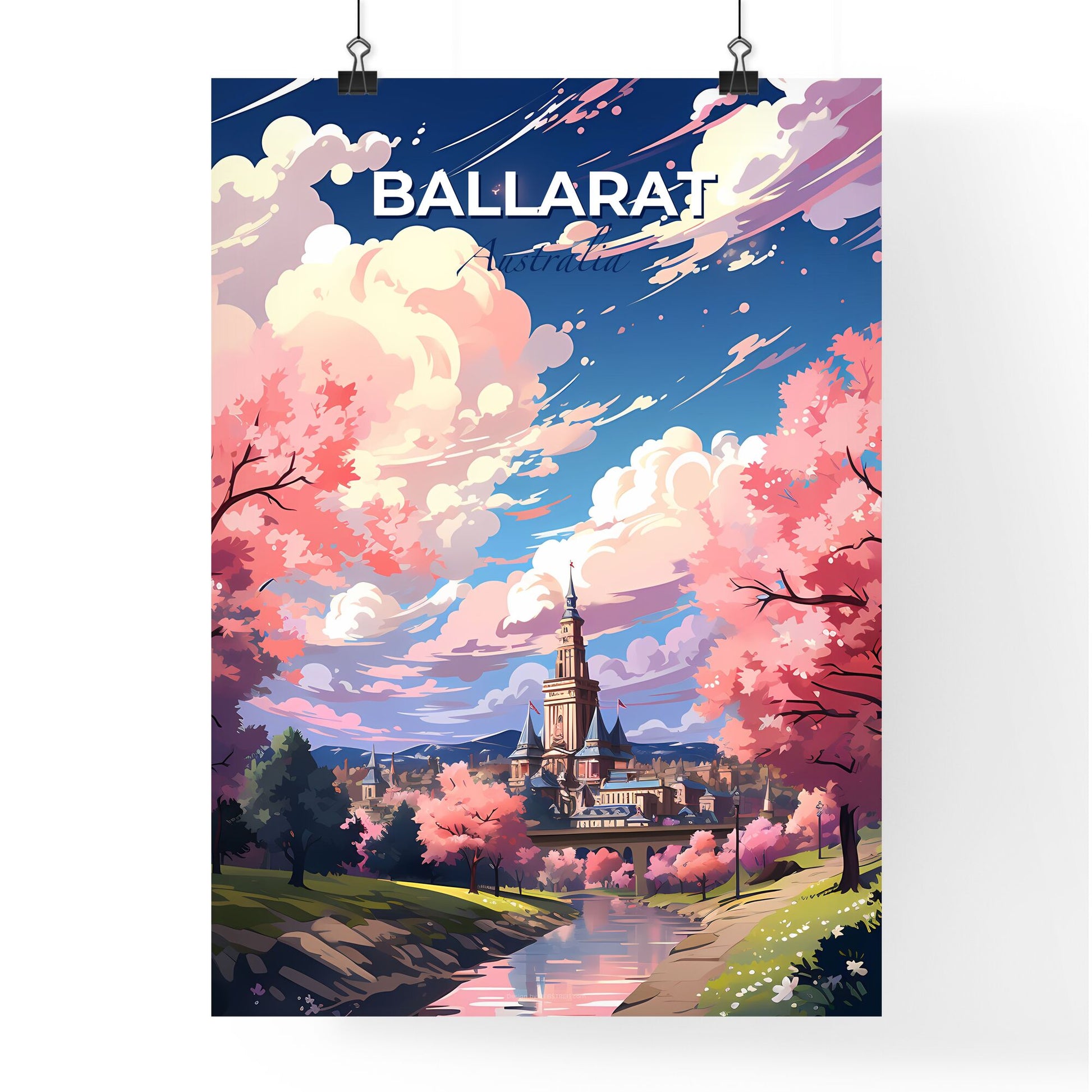 Vibrant Painting of Ballarat Skyline Featuring Castle, Trees, and River Default Title