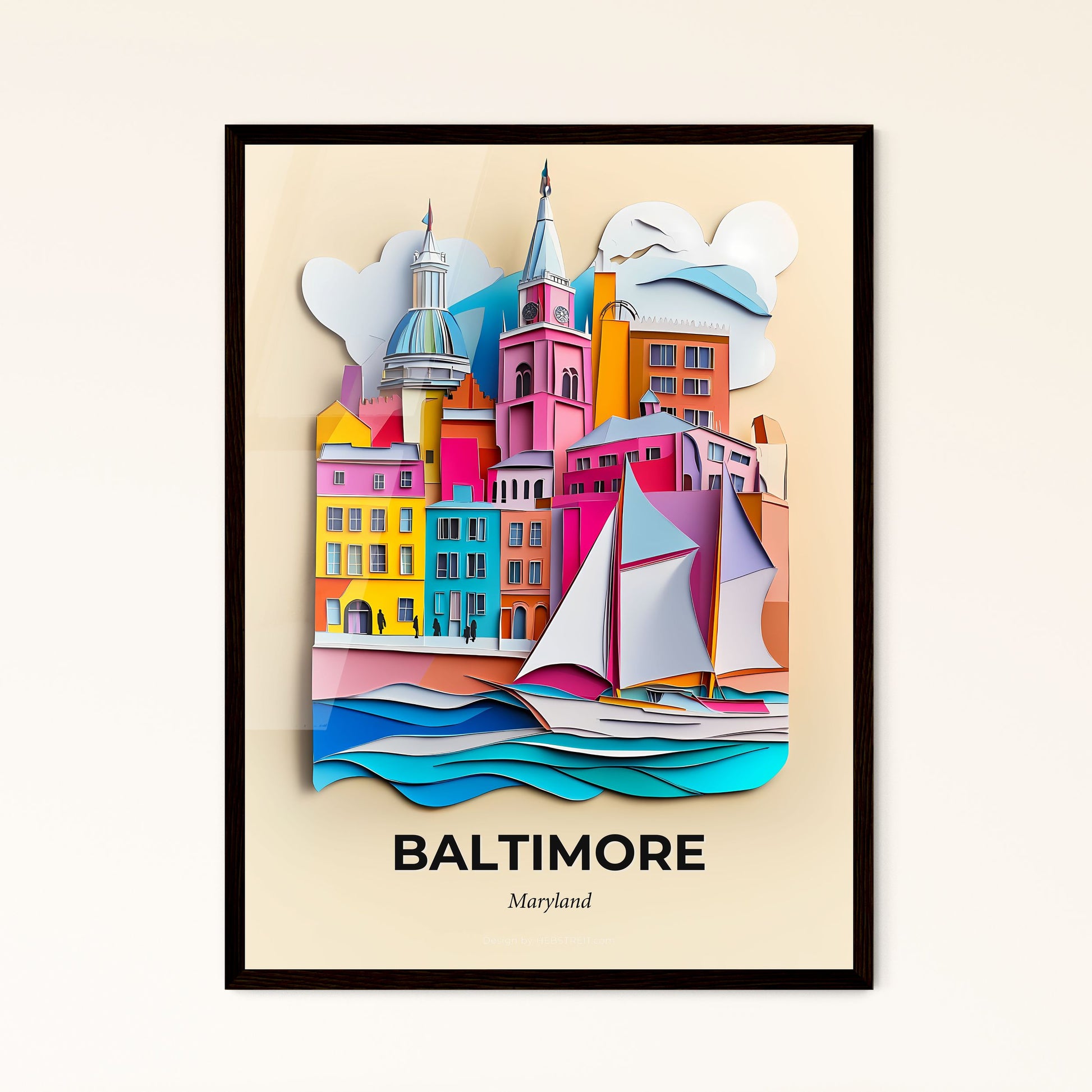 Vivid Baltimore, Maryland - a paper cut of a city with a sailboat