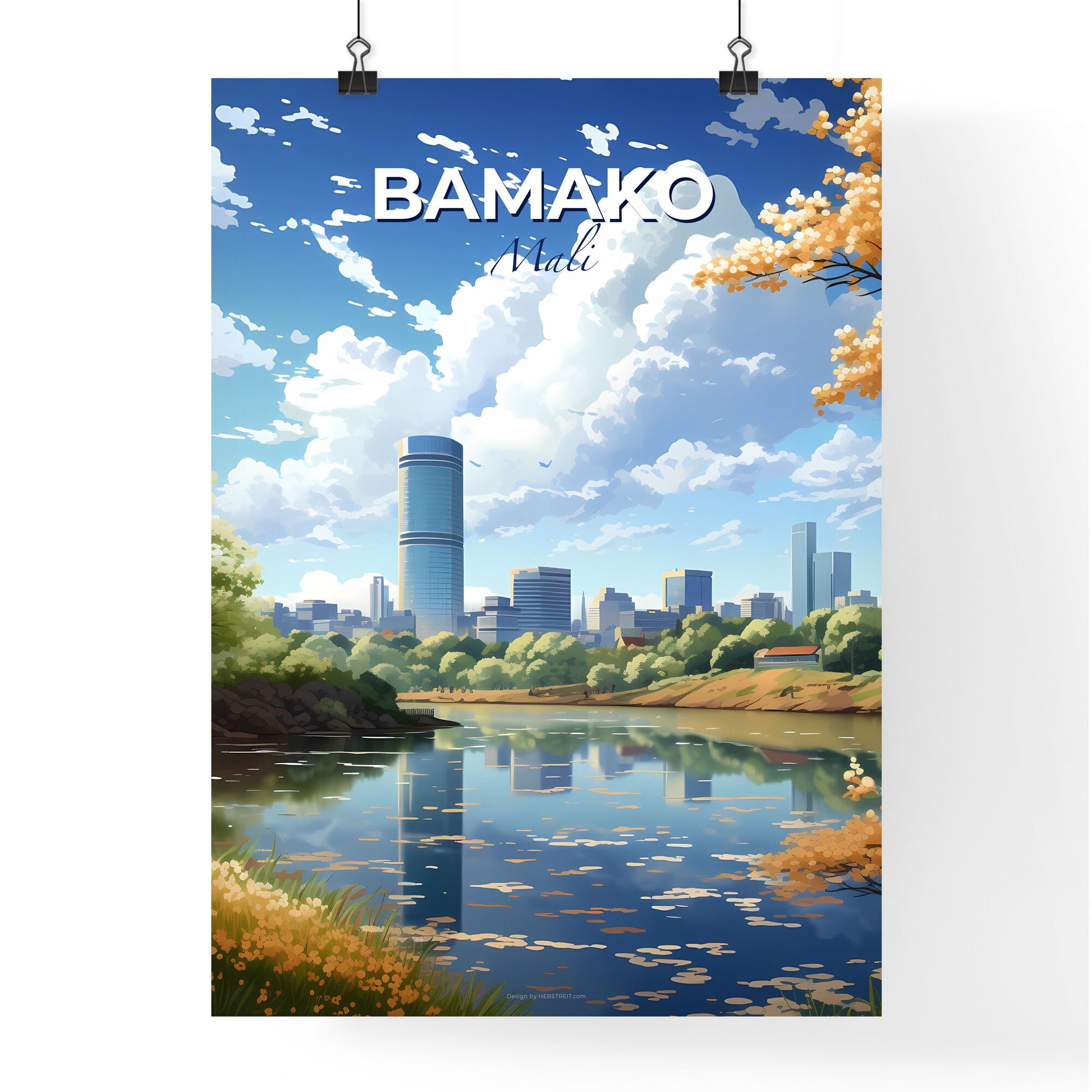 Vibrant Painting of Bamako Mali City Skyline with River and Trees Default Title