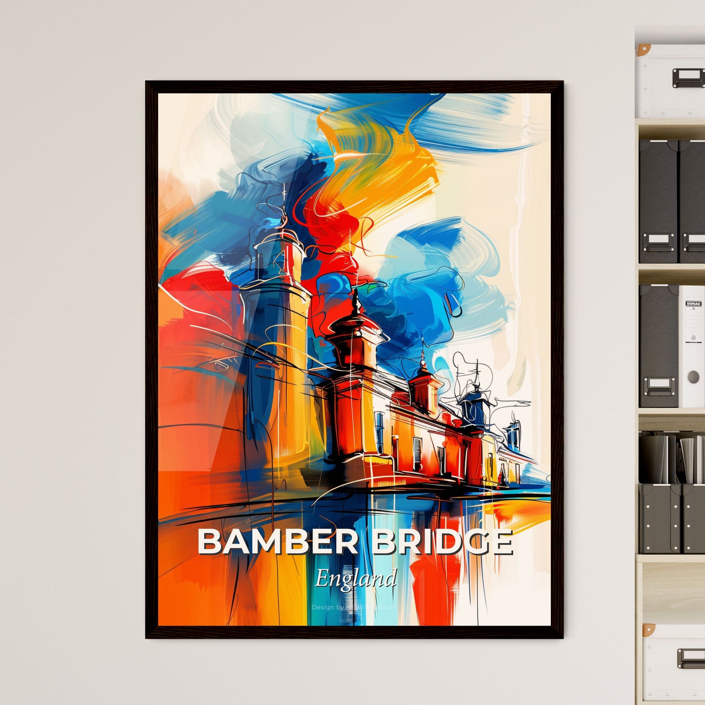 Vibrant Bamber Bridge, England - A Painting Of A Building With Towers And Smoke Coming Out Of It