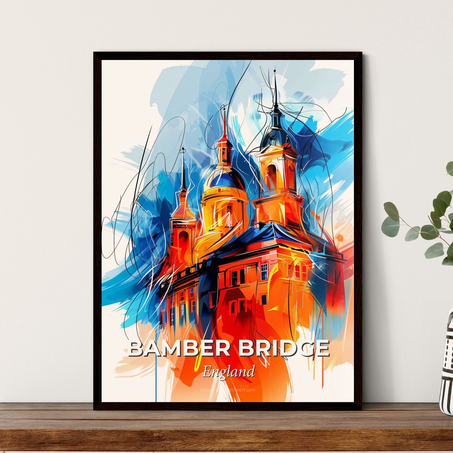 Vibrant Bamber Bridge, England - A Painting Of A Building With A Colorful Background