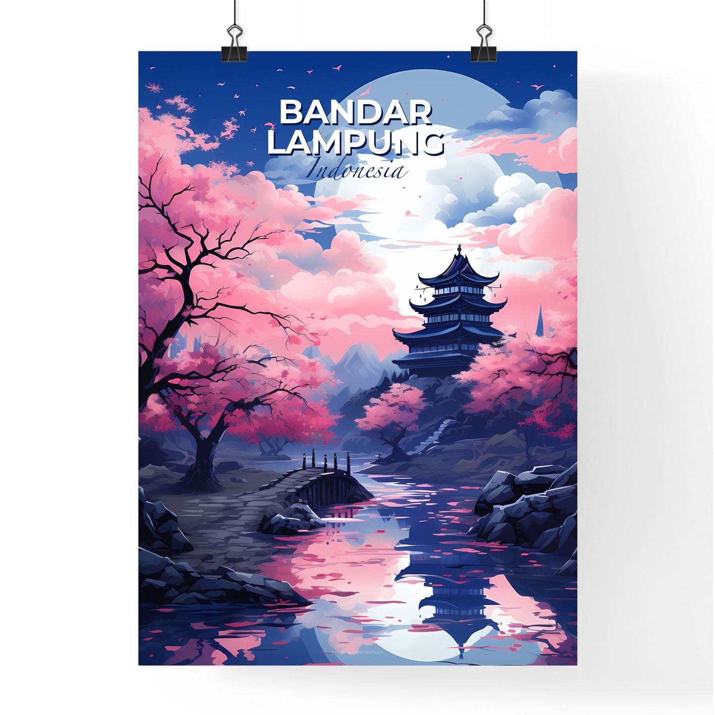 Vibrant Painting: Bandar Lampung Indonesia Skyline Pagoda River Pink Trees Default Title